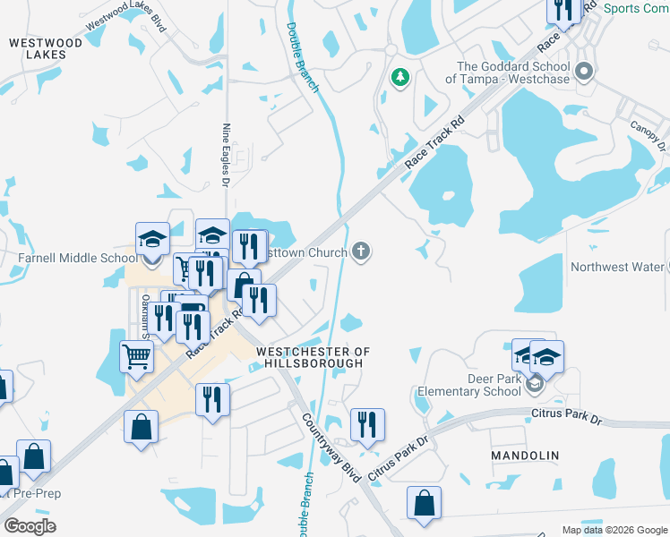 map of restaurants, bars, coffee shops, grocery stores, and more near 11916 Northumberland Drive in Tampa