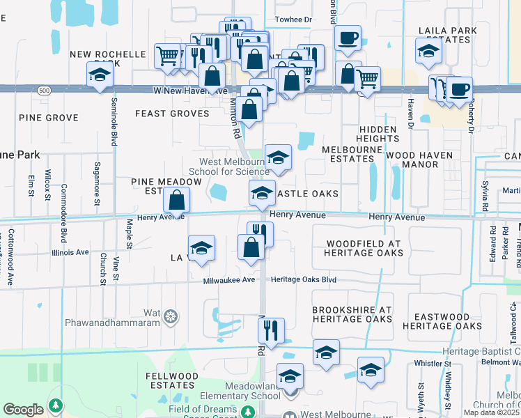map of restaurants, bars, coffee shops, grocery stores, and more near in West Melbourne