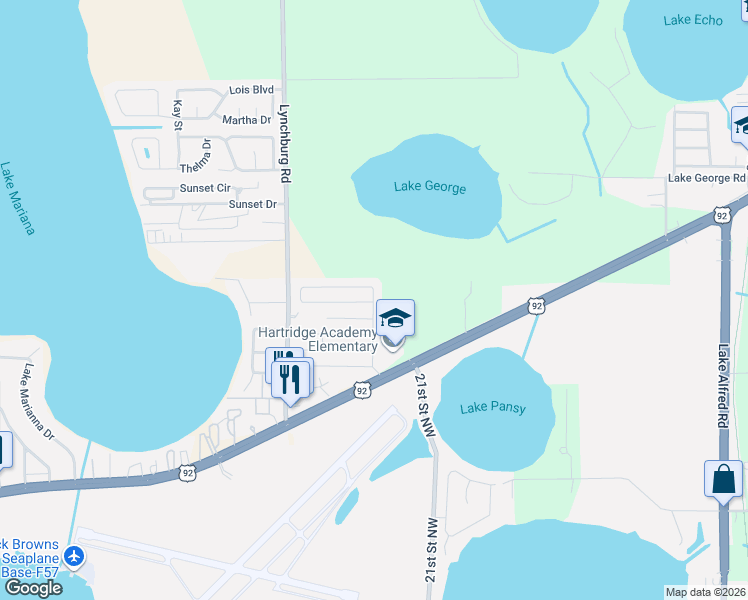 map of restaurants, bars, coffee shops, grocery stores, and more near Club Hill Road in Lake Alfred