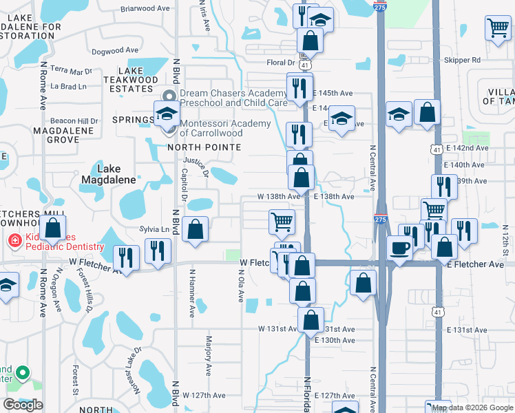 map of restaurants, bars, coffee shops, grocery stores, and more near 121 Tyrone Boulevard in Tampa