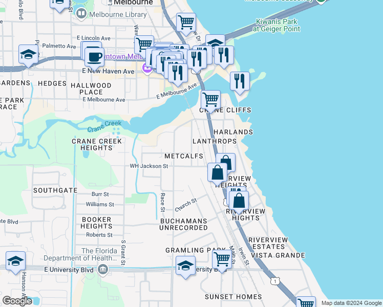 map of restaurants, bars, coffee shops, grocery stores, and more near 1099 Brothers Avenue in Melbourne