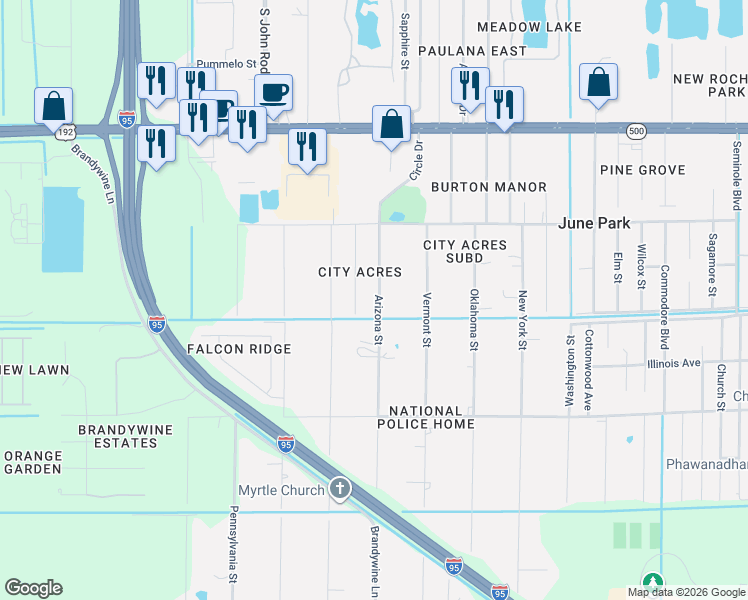 map of restaurants, bars, coffee shops, grocery stores, and more near 2246 Arizona Street in Melbourne