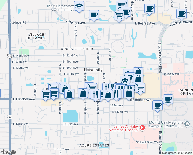 map of restaurants, bars, coffee shops, grocery stores, and more near 13712 North 20th Street in Tampa