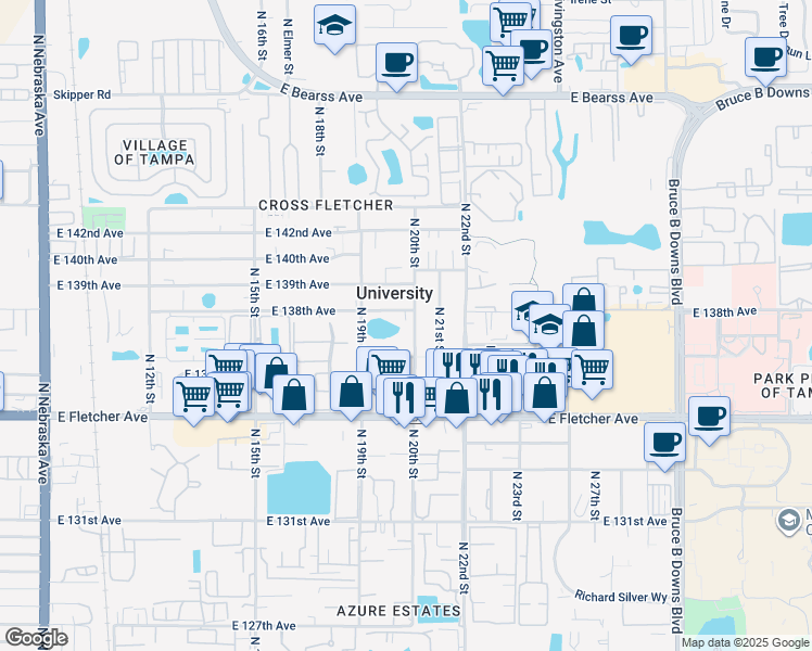 map of restaurants, bars, coffee shops, grocery stores, and more near 13714 North 20th Street in Tampa