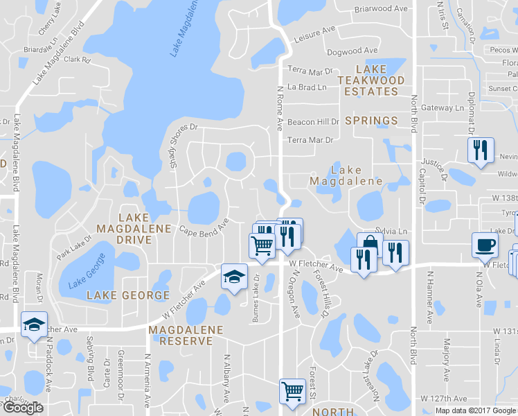 map of restaurants, bars, coffee shops, grocery stores, and more near 13801 Fletchers Mill Drive in Tampa