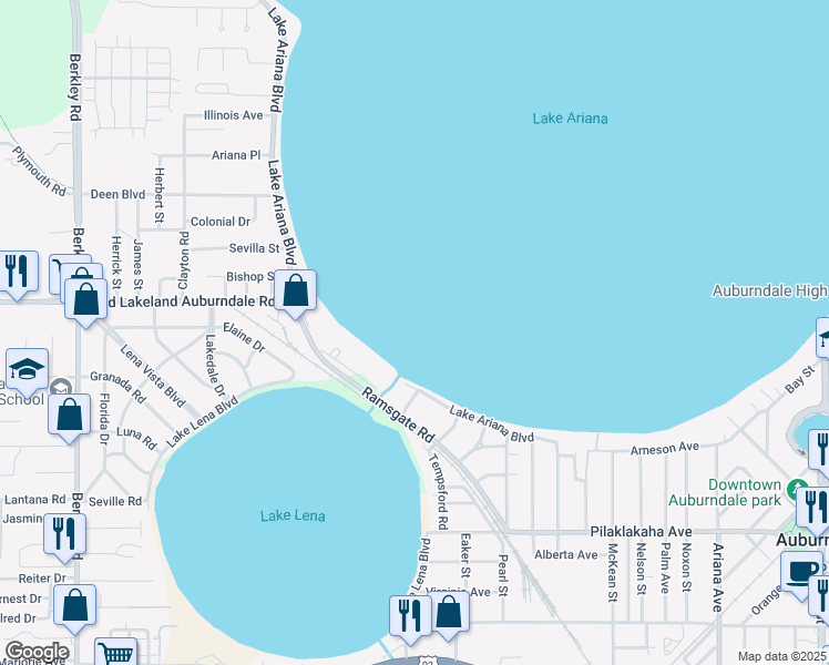 map of restaurants, bars, coffee shops, grocery stores, and more near in Auburndale