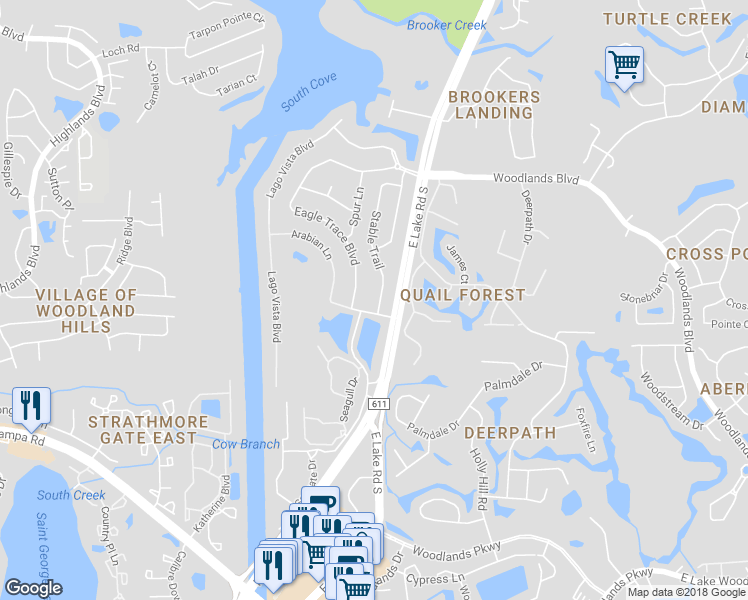 map of restaurants, bars, coffee shops, grocery stores, and more near 1646 Stable Trail in Palm Harbor