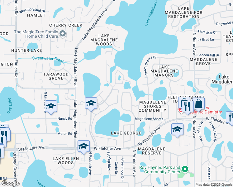 map of restaurants, bars, coffee shops, grocery stores, and more near 13620 Park Lake Drive in Tampa