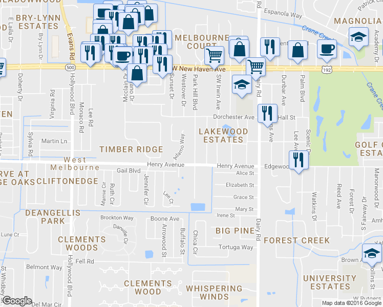 map of restaurants, bars, coffee shops, grocery stores, and more near 341 Park Hill Boulevard in Melbourne