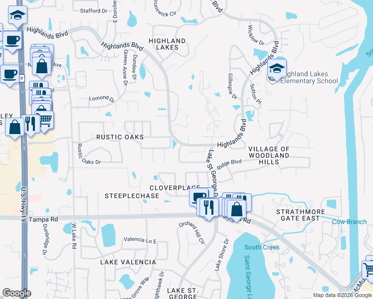 map of restaurants, bars, coffee shops, grocery stores, and more near 3275 Gorse Court in Palm Harbor