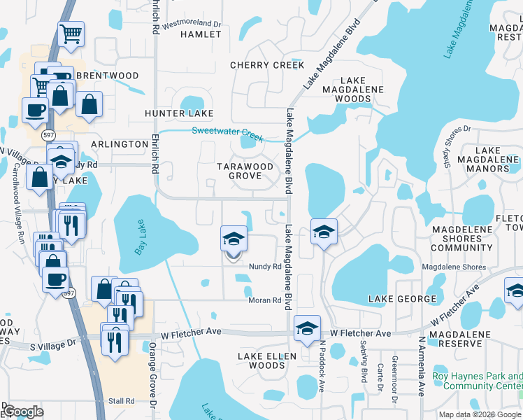 map of restaurants, bars, coffee shops, grocery stores, and more near 13620 Lake Magdalene Boulevard in Tampa