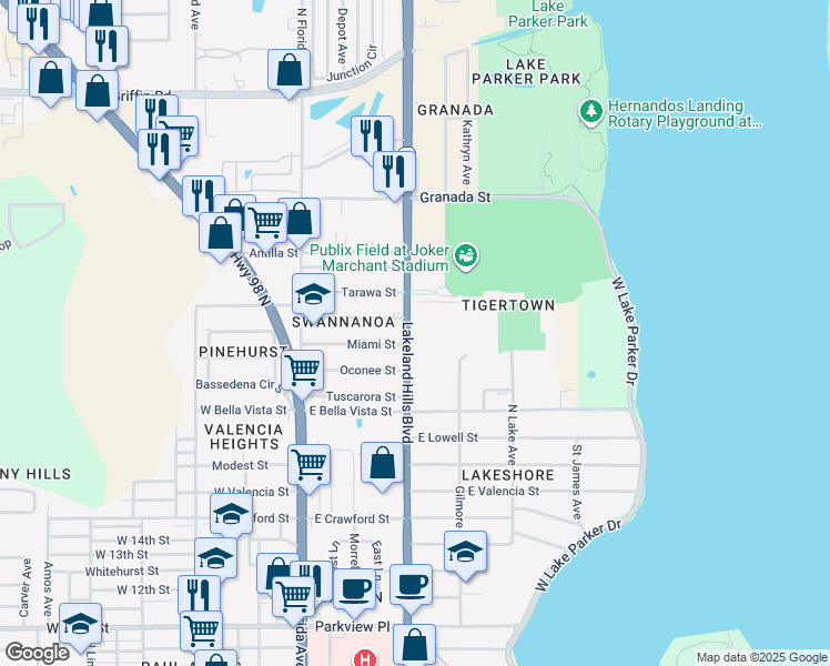 map of restaurants, bars, coffee shops, grocery stores, and more near 2111 Lakeland Hills Boulevard in Lakeland