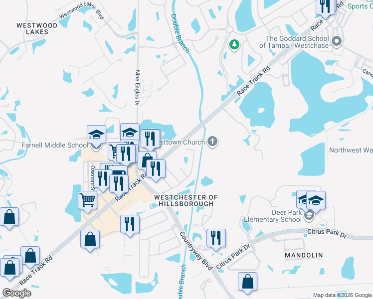 map of restaurants, bars, coffee shops, grocery stores, and more near 11001 Northumberland Drive in Westchase