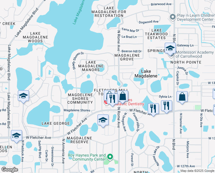 map of restaurants, bars, coffee shops, grocery stores, and more near 13924 Fletchers Mill Drive in Tampa
