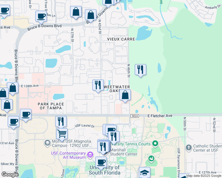 map of restaurants, bars, coffee shops, grocery stores, and more near 13802 Lazy Oak Drive in Tampa