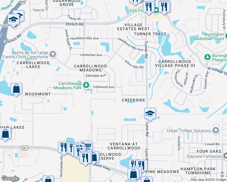map of restaurants, bars, coffee shops, grocery stores, and more near 13834 Pathfinder Dr in Tampa