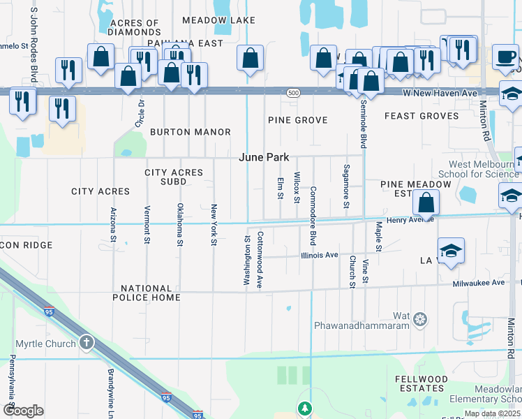 map of restaurants, bars, coffee shops, grocery stores, and more near 2320 Wood Street in Melbourne