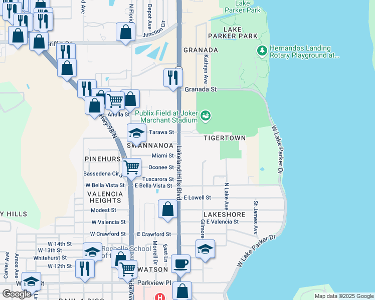 map of restaurants, bars, coffee shops, grocery stores, and more near 2111 Lakeland Hills Boulevard in Lakeland