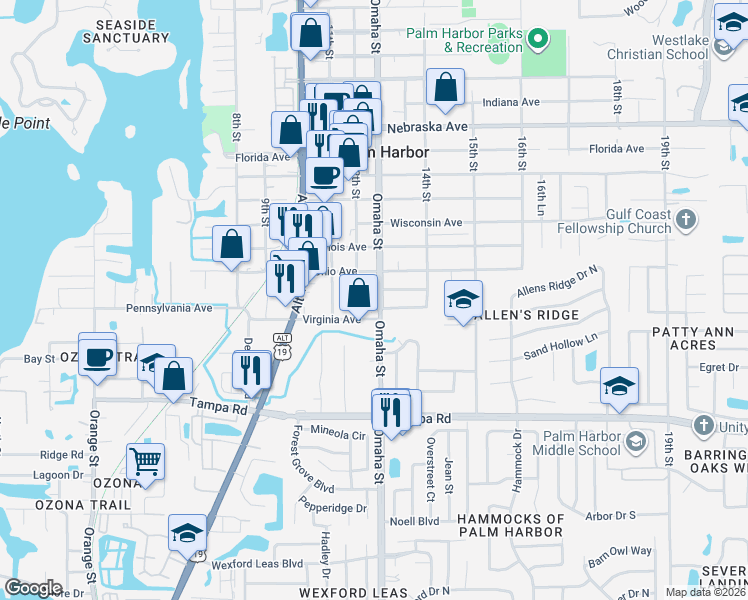 map of restaurants, bars, coffee shops, grocery stores, and more near 517 Island Court in Palm Harbor