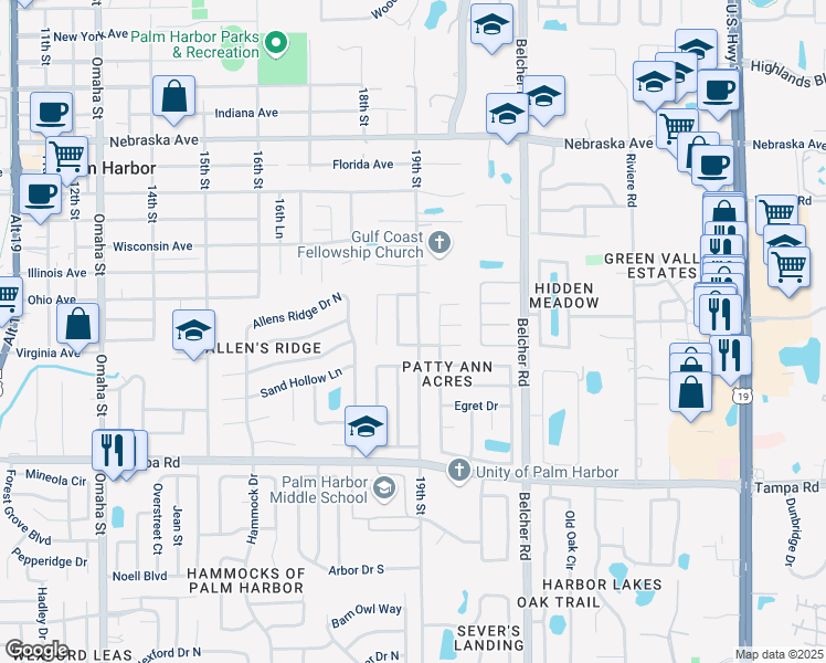 map of restaurants, bars, coffee shops, grocery stores, and more near 415 19th Street in Palm Harbor