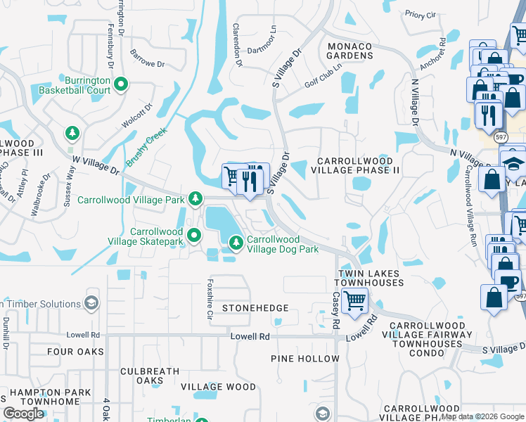 map of restaurants, bars, coffee shops, grocery stores, and more near 13612 South Village Drive in Tampa