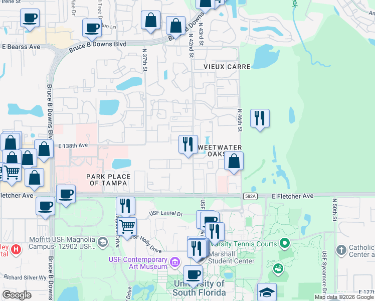 map of restaurants, bars, coffee shops, grocery stores, and more near 13714 North 42nd Street in Tampa