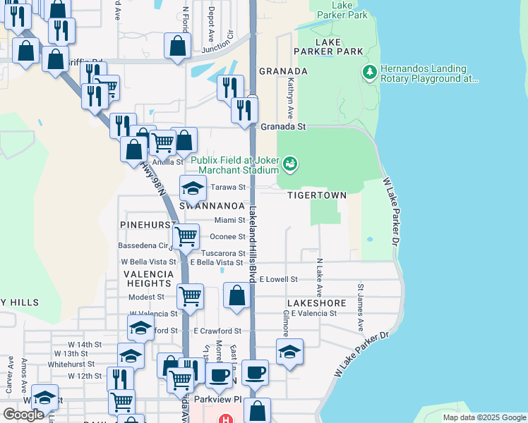 map of restaurants, bars, coffee shops, grocery stores, and more near 2111 Lakeland Hills Boulevard in Lakeland