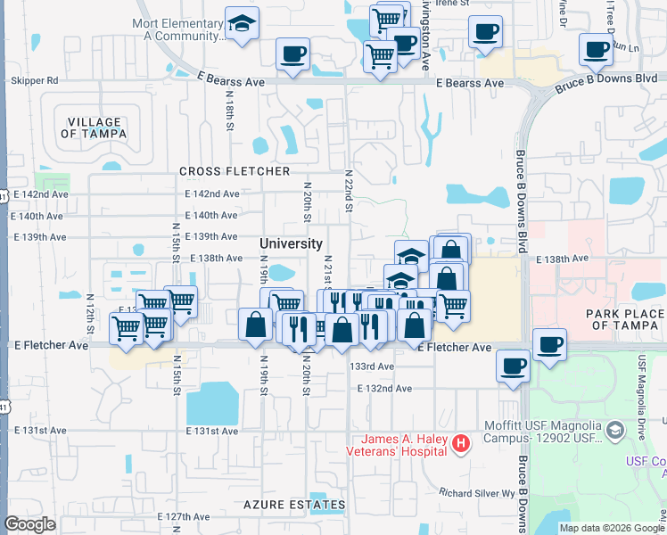 map of restaurants, bars, coffee shops, grocery stores, and more near 13702 North 21st Street in Tampa