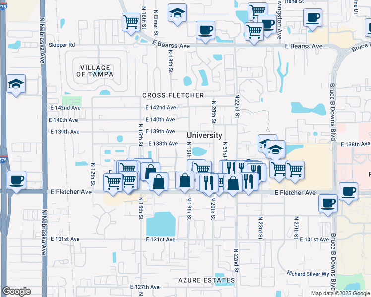 map of restaurants, bars, coffee shops, grocery stores, and more near 13710 North 19th Street in Tampa