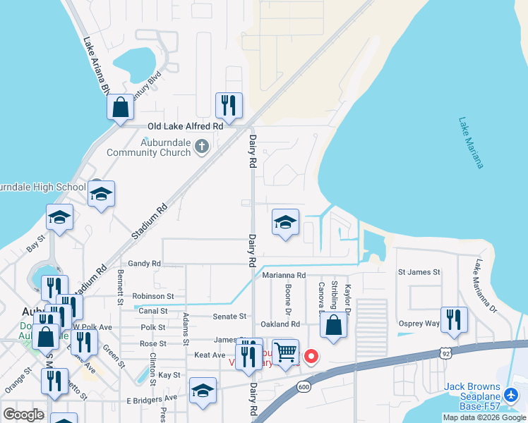 map of restaurants, bars, coffee shops, grocery stores, and more near 506 Pearsons Path in Auburndale