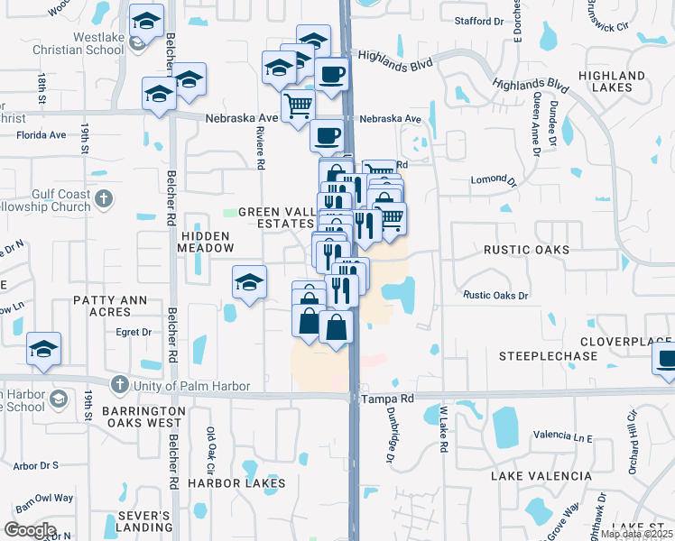 map of restaurants, bars, coffee shops, grocery stores, and more near 33086 U.S. 19 in Palm Harbor