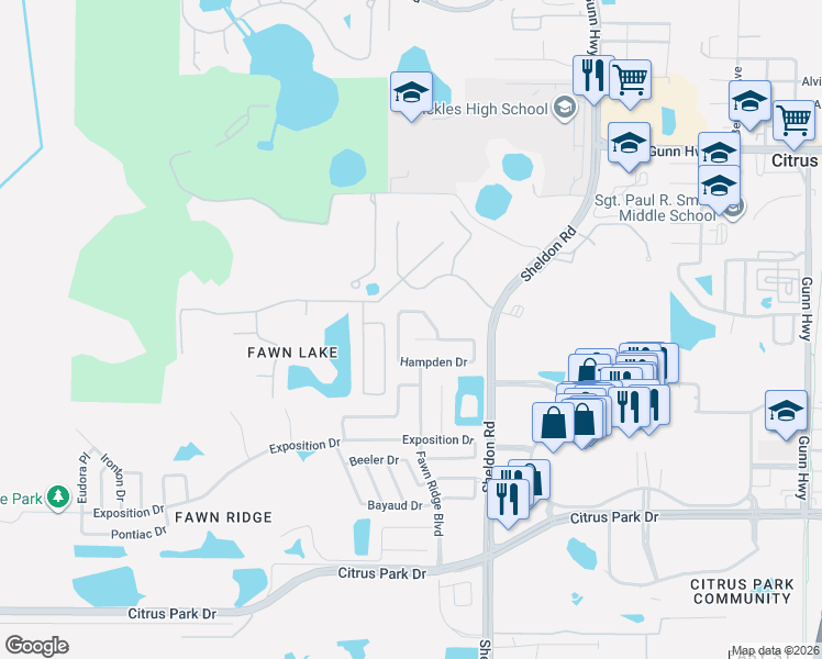 map of restaurants, bars, coffee shops, grocery stores, and more near 8702 Hampden Drive in Tampa