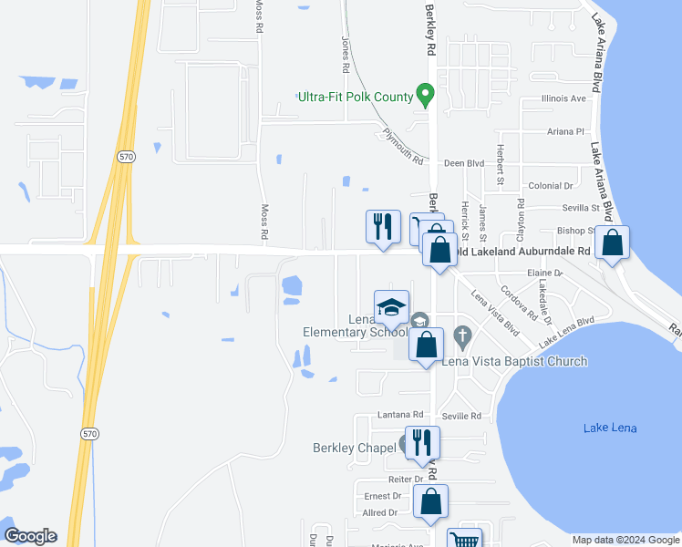 map of restaurants, bars, coffee shops, grocery stores, and more near 111 Highland Avenue in Auburndale