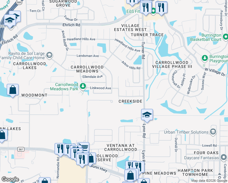 map of restaurants, bars, coffee shops, grocery stores, and more near 13837 Pathfinder Drive in Tampa