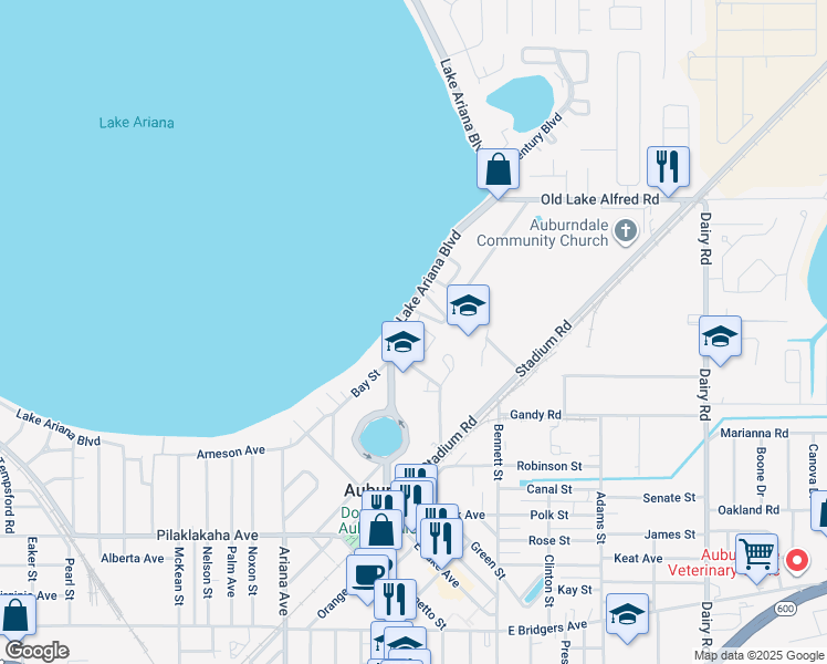 map of restaurants, bars, coffee shops, grocery stores, and more near 316 Ariana Boulevard in Auburndale