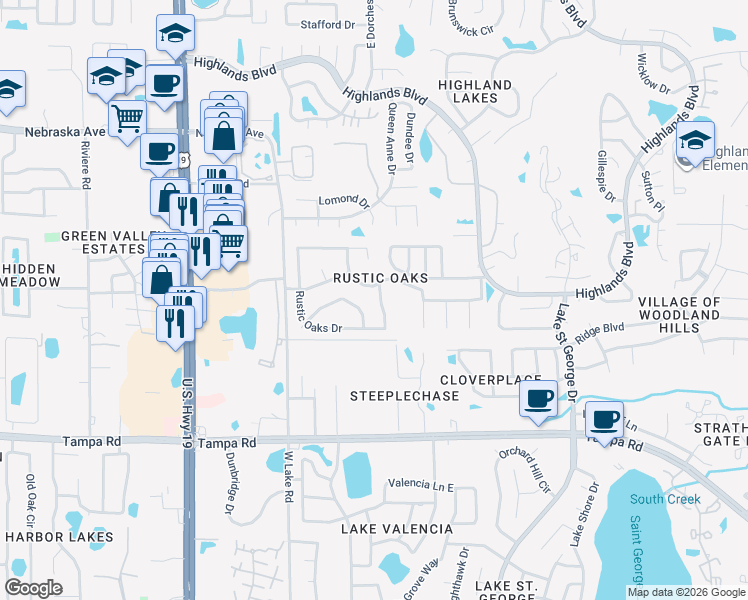 map of restaurants, bars, coffee shops, grocery stores, and more near 798 Creekside Lane in Palm Harbor