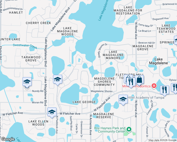 map of restaurants, bars, coffee shops, grocery stores, and more near 13548 Lake Magdalene Drive in Tampa