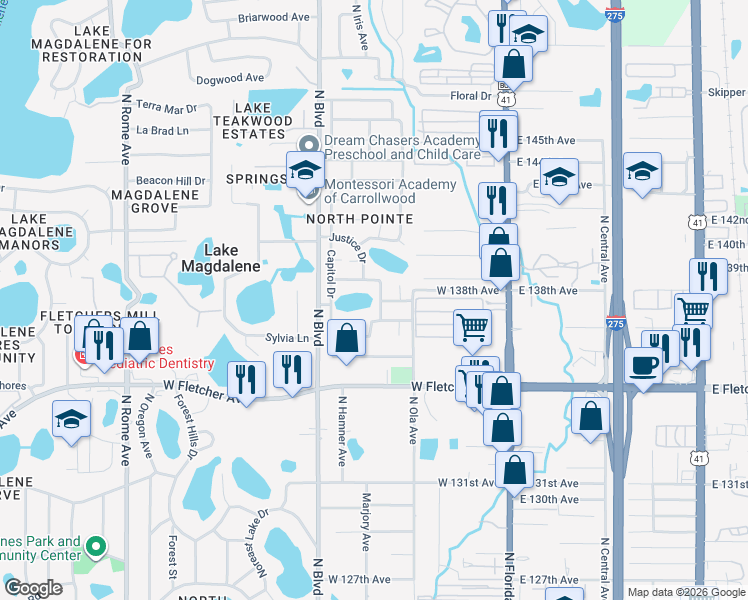 map of restaurants, bars, coffee shops, grocery stores, and more near 506 Constitution Drive in Tampa