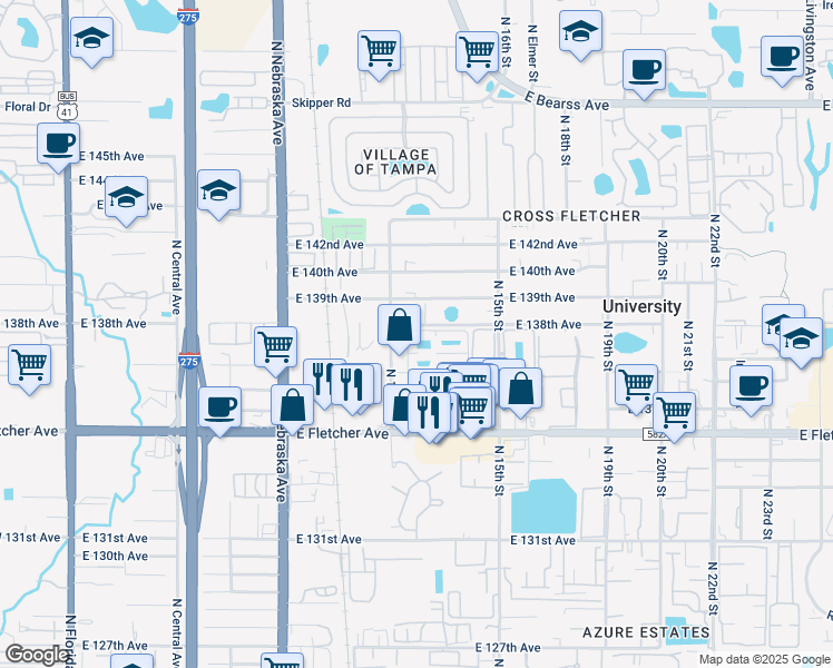 map of restaurants, bars, coffee shops, grocery stores, and more near 1325 Sand Lake Circle in Tampa