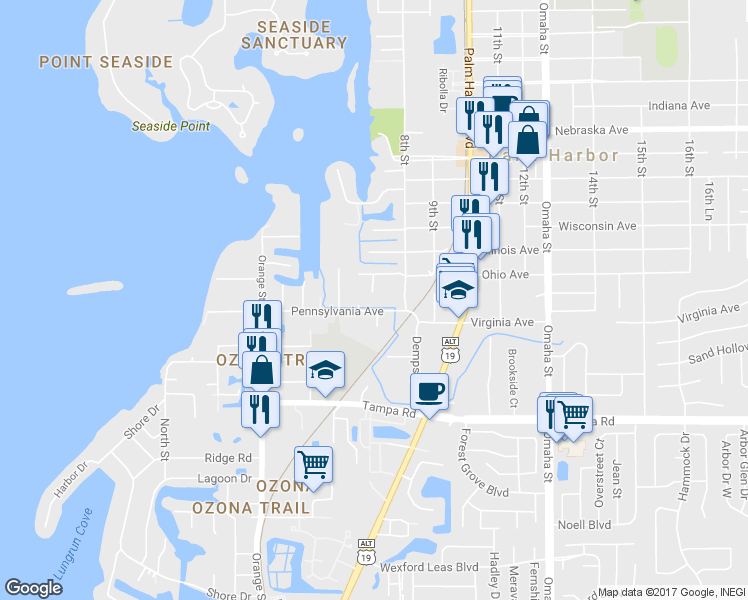 map of restaurants, bars, coffee shops, grocery stores, and more near 500 High Pine Court in Palm Harbor