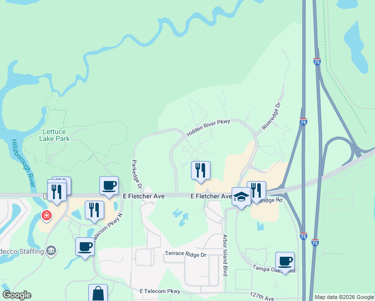 map of restaurants, bars, coffee shops, grocery stores, and more near River Willow Place in Tampa