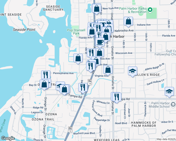 map of restaurants, bars, coffee shops, grocery stores, and more near 973 Virginia Avenue in Palm Harbor