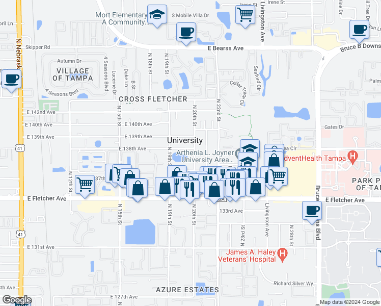 map of restaurants, bars, coffee shops, grocery stores, and more near 13714 North 20th Street in Tampa