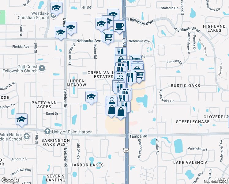 map of restaurants, bars, coffee shops, grocery stores, and more near 33086 U.S. 19 in Palm Harbor