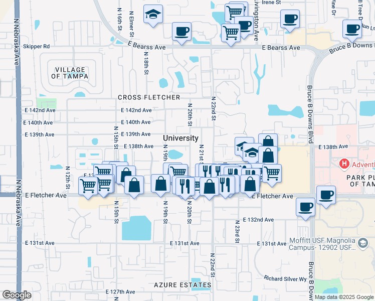 map of restaurants, bars, coffee shops, grocery stores, and more near 13714 North 20th Street in Tampa