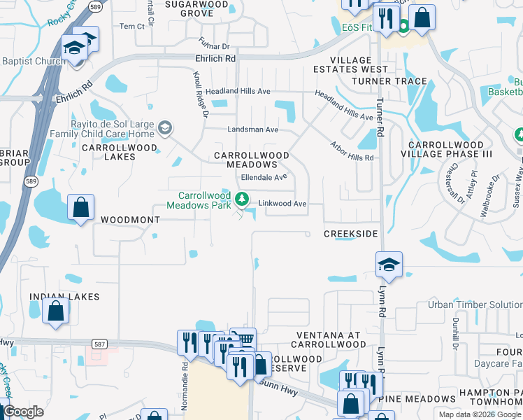 map of restaurants, bars, coffee shops, grocery stores, and more near 13803 Pathfinder Drive in Tampa