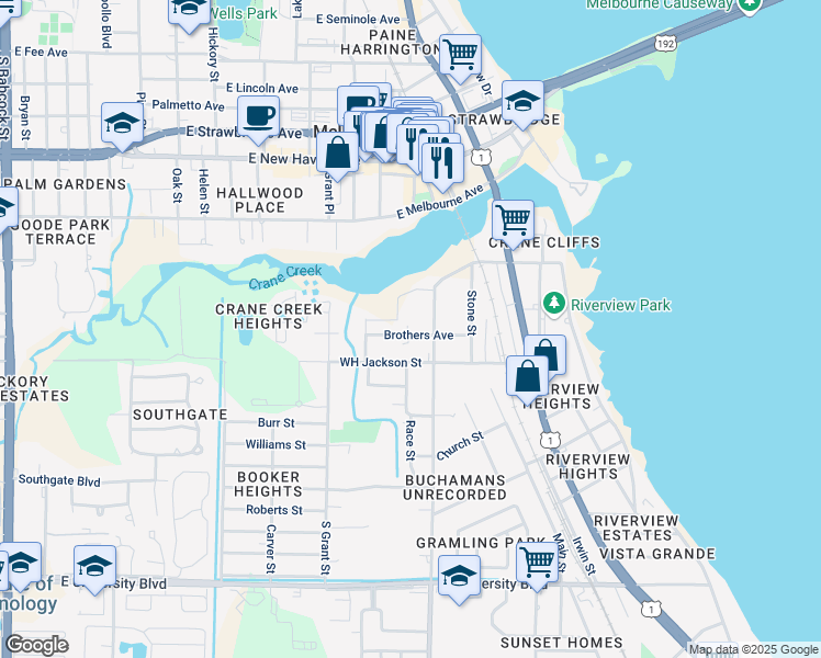 map of restaurants, bars, coffee shops, grocery stores, and more near 900 Brothers Avenue in Melbourne
