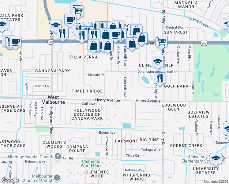 map of restaurants, bars, coffee shops, grocery stores, and more near 352 Adamo Way in West Melbourne