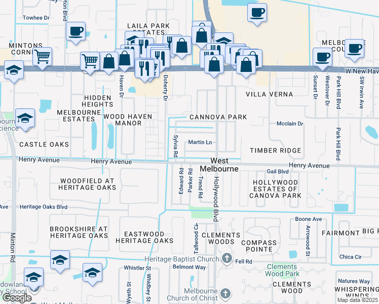 map of restaurants, bars, coffee shops, grocery stores, and more near 293 Edward Road in Melbourne