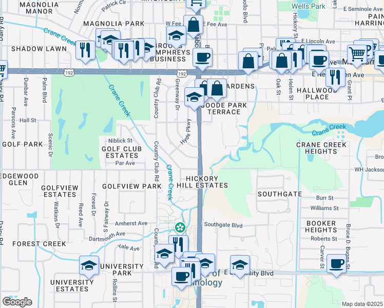 map of restaurants, bars, coffee shops, grocery stores, and more near 2417 Colonial Drive in Melbourne